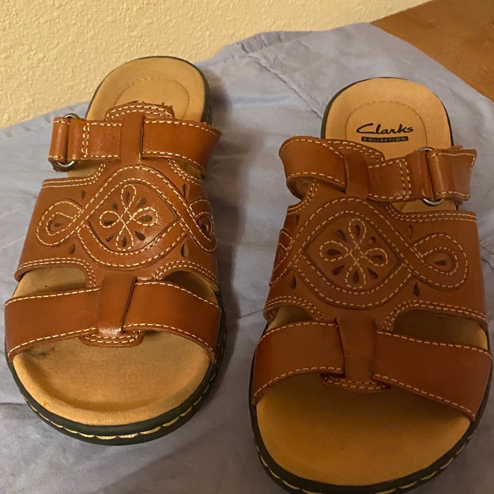 Clarks Tan Leather Slide Sandals